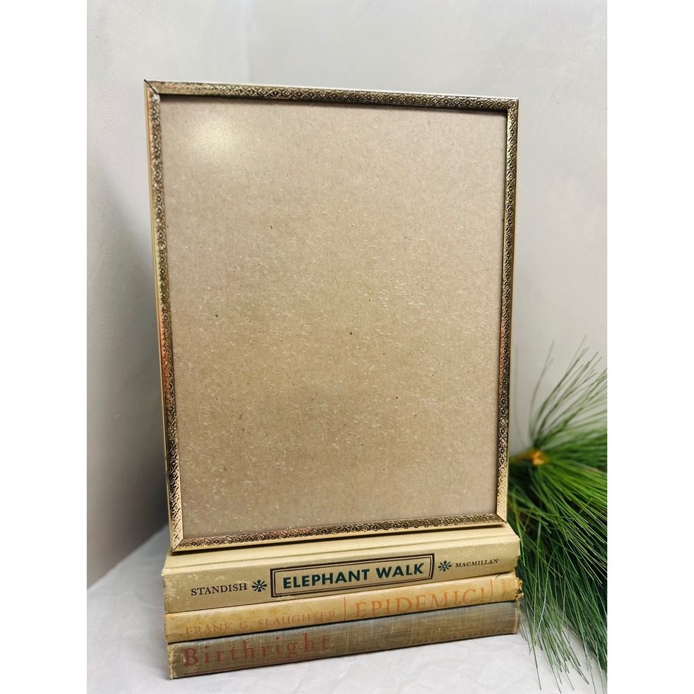 Vintage Brass Metal Picture Frame 8x10 Embossed Geometric Border Tabletop Easel